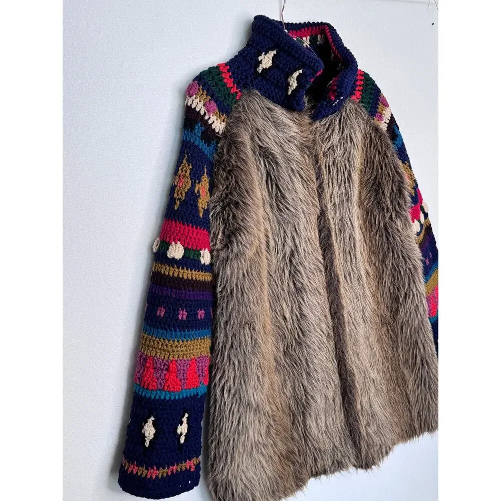 Handmade Upcycled Faux Fur Crochet Coat Boho Folk Art Festival Jacket Unisex M/L